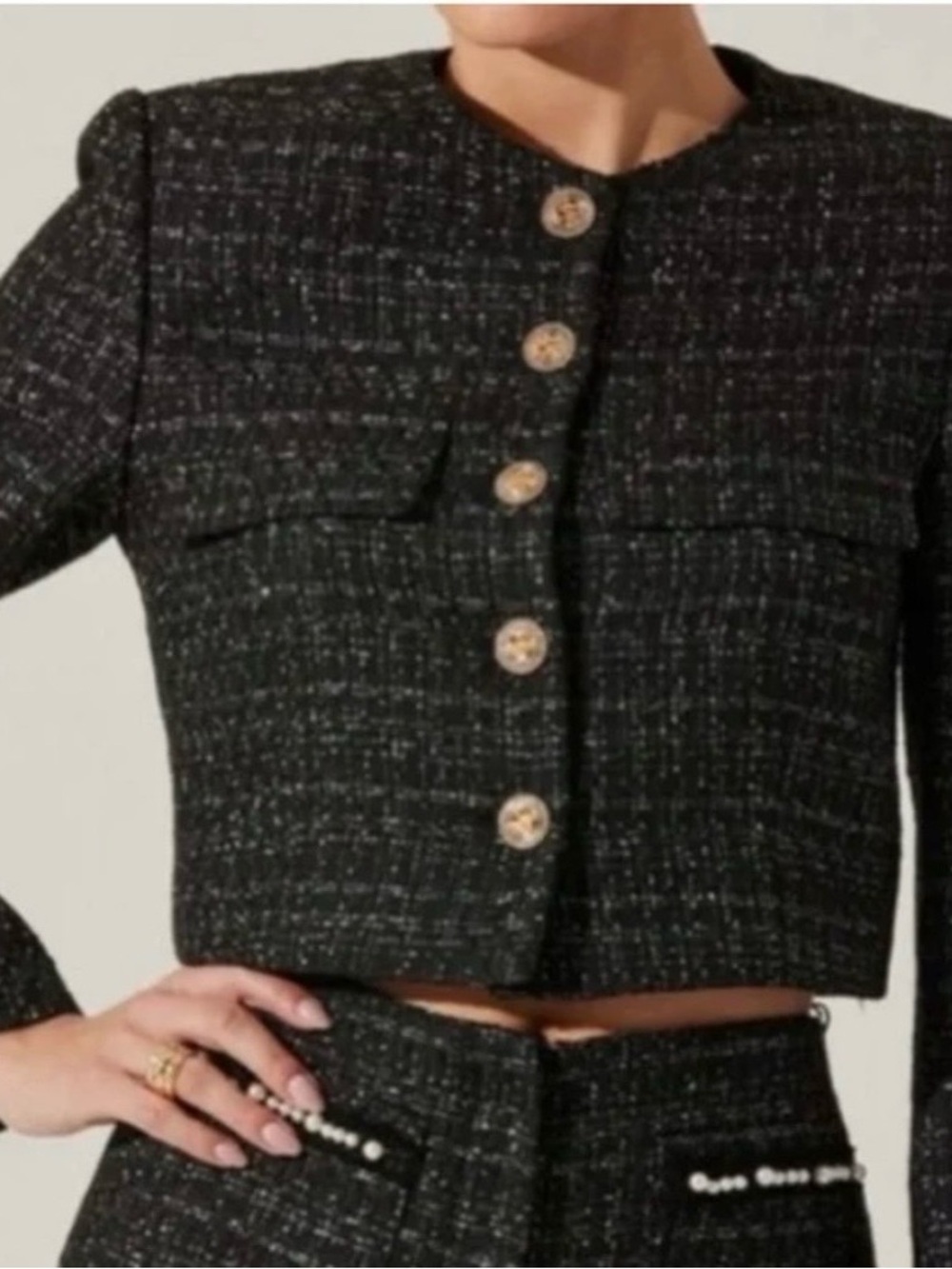 ASTR the Label Black Tweed Crop Blazer Gold Buttons Metallic Thread Nordstrom